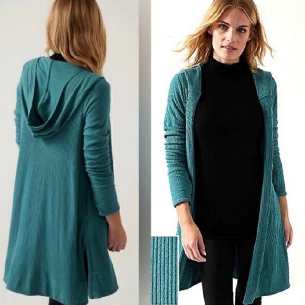 Athleta Harmony Pose Wrap Cardigan Teal Ribbed Hooded Open Front Duster Yoga M
